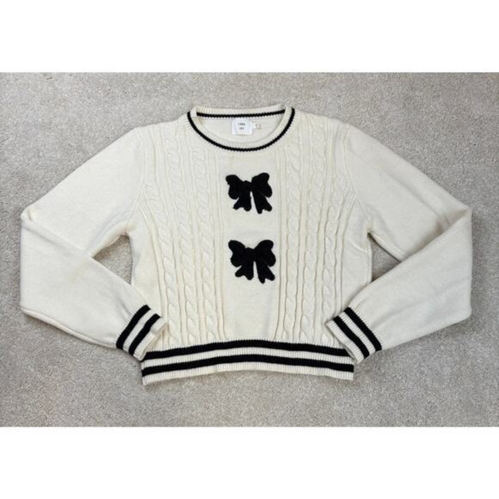 Luna Ivy Pullover Bow Sweater Cream White Black Size M